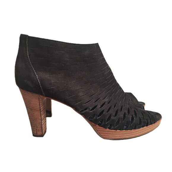 Paul Green Black Laser Cut Bootie Ankle Boots High Heels US 6.5 Peep Toe Suede - Picture 1 of 7